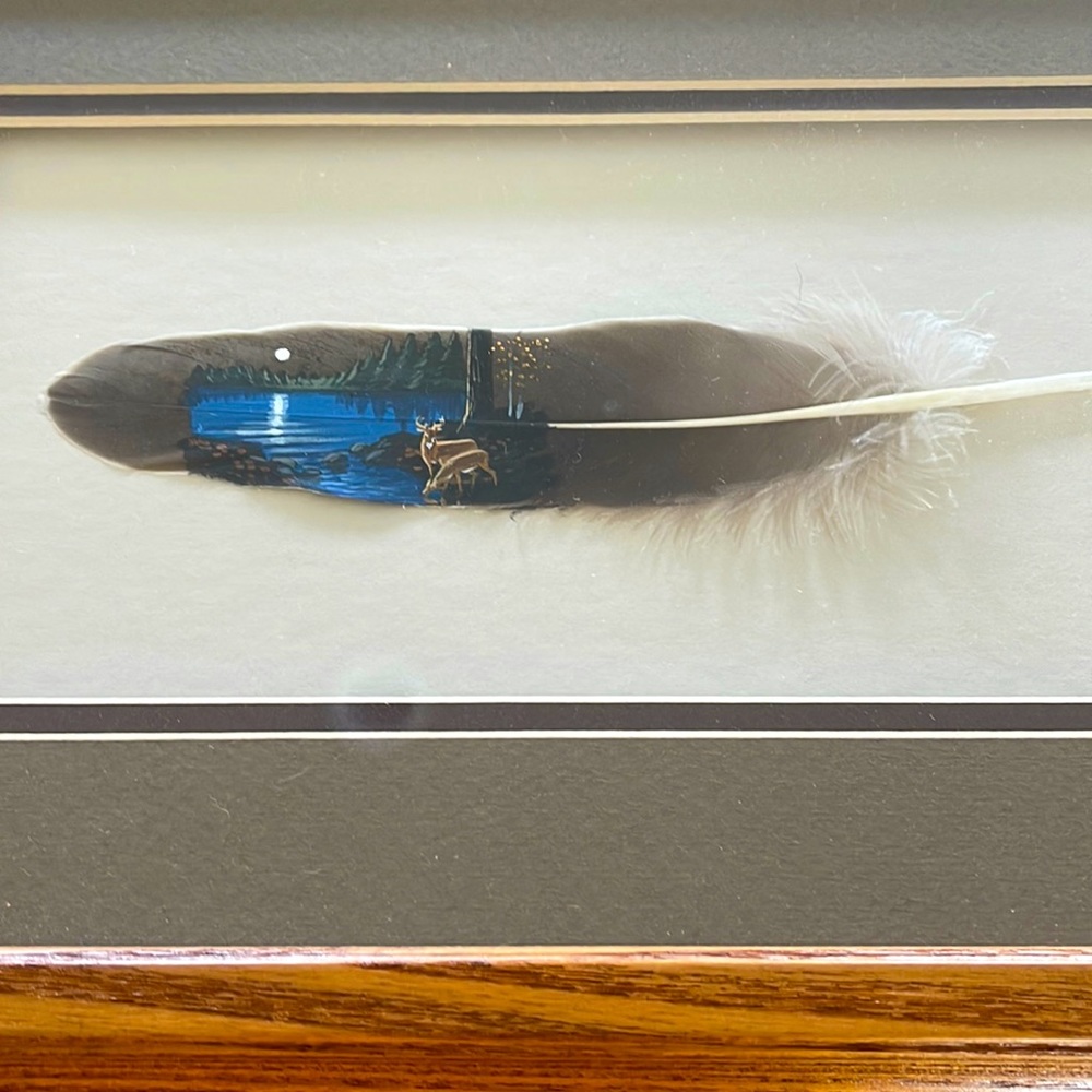 Painted feather of deer. Oak frame. 14.5in x9.5in